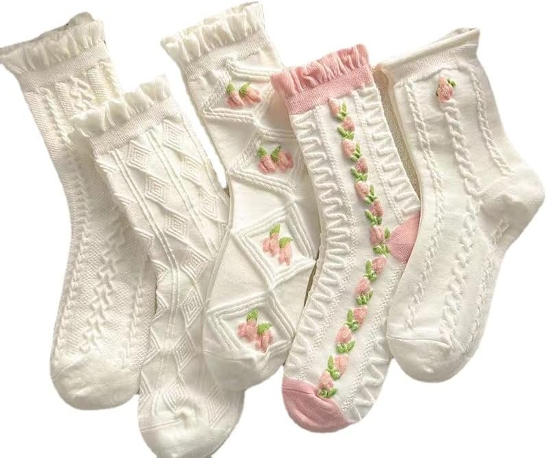 5 Pairs White Cute Socks, Women's Lace Ruffles Ankle Casual Sock, Cottagecore Breathable Mid Tube Socks, Floral Crew Socks - Image 1