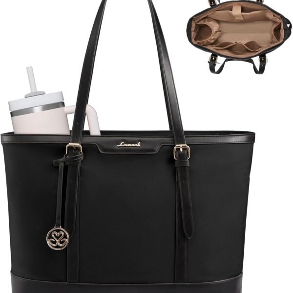 LOVEVOOK Work Tote Bag for Women 15.6 Inch Laptop Computer Bags with Cup Holder, Large Teacher Bag Briefcase for Business Office Travel Black, Nylon&PU